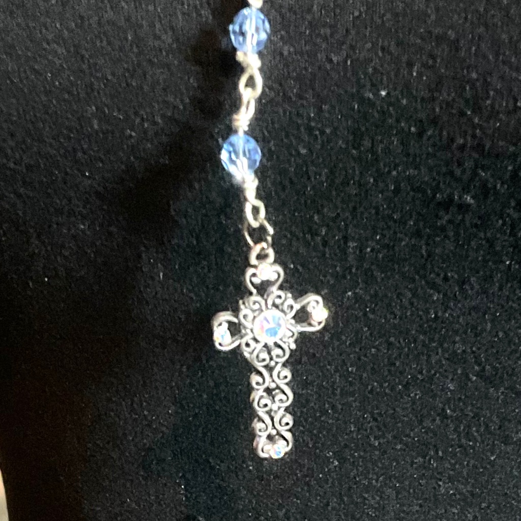 Apostle Creation Silver/Light Blue Crystals/Long Drop Chain With Unique Cross